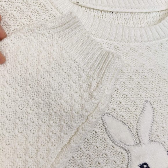 Girls Knit White and Blue Dress with Embroidered bunny and pompom - Picture 6 of 14